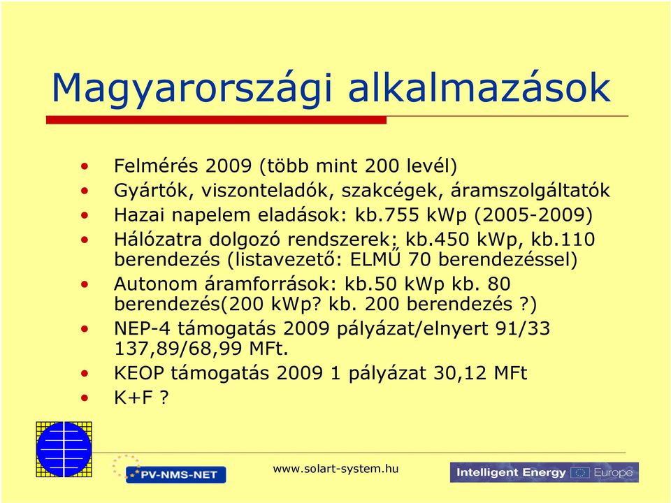 110 berendezés (listavezető: ELMŰ 70 berendezéssel) Autonom áramforrások: kb.50 kwp kb. 80 berendezés(200 kwp?