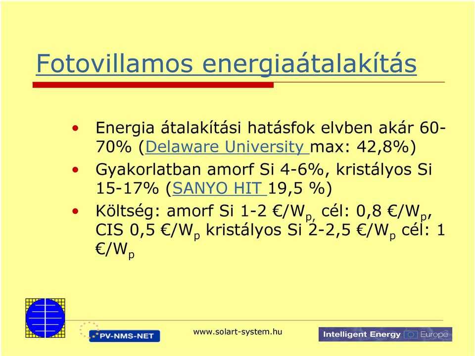 4-6%, kristályos Si 15-17% (SANYO HIT 19,5 %) Költség: amorf Si 1-2