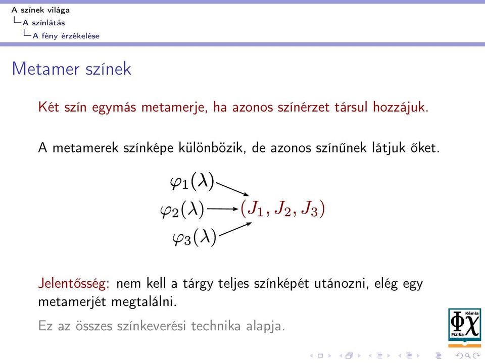 A metamerek színképe különbözik, de azonos színűnek látjuk őket.