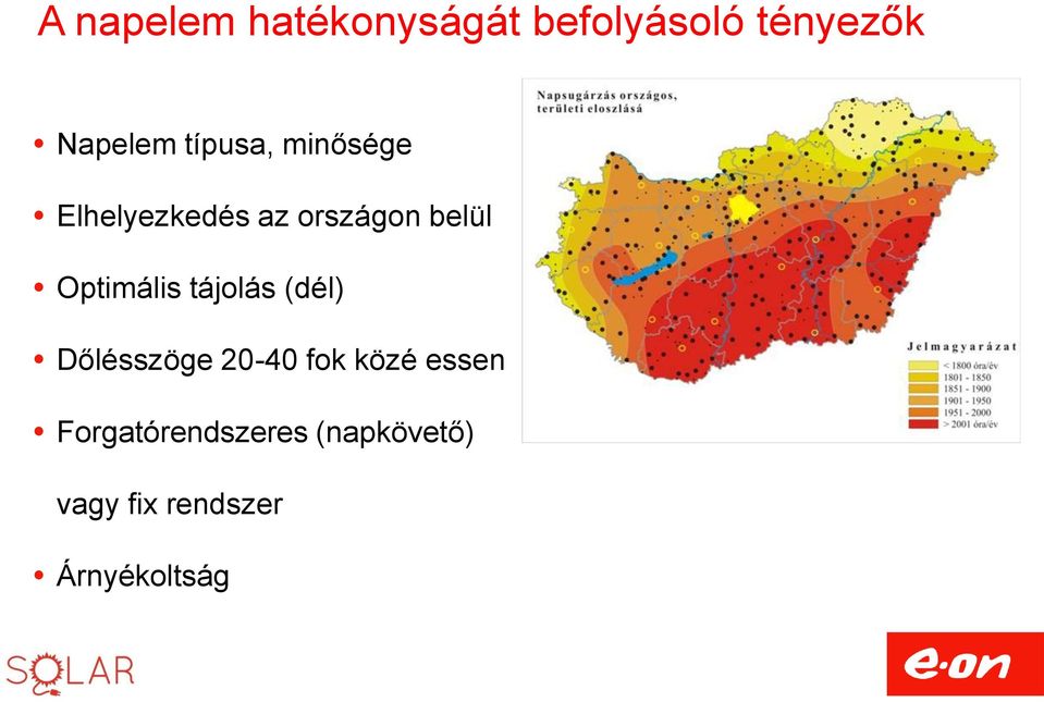 Optimális tájolás (dél) Dőlésszöge 20-40 fok közé