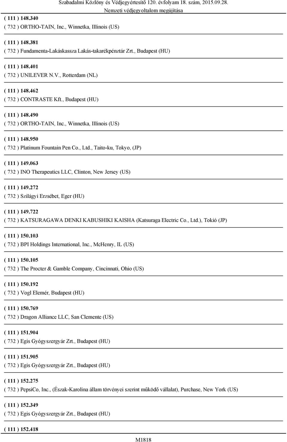 , Taito-ku, Tokyo, (JP) ( 111 ) 149.063 ( 732 ) INO Therapeutics LLC, Clinton, New Jersey (US) ( 111 ) 149.272 ( 732 ) Szilágyi Erzsébet, Eger (HU) ( 111 ) 149.