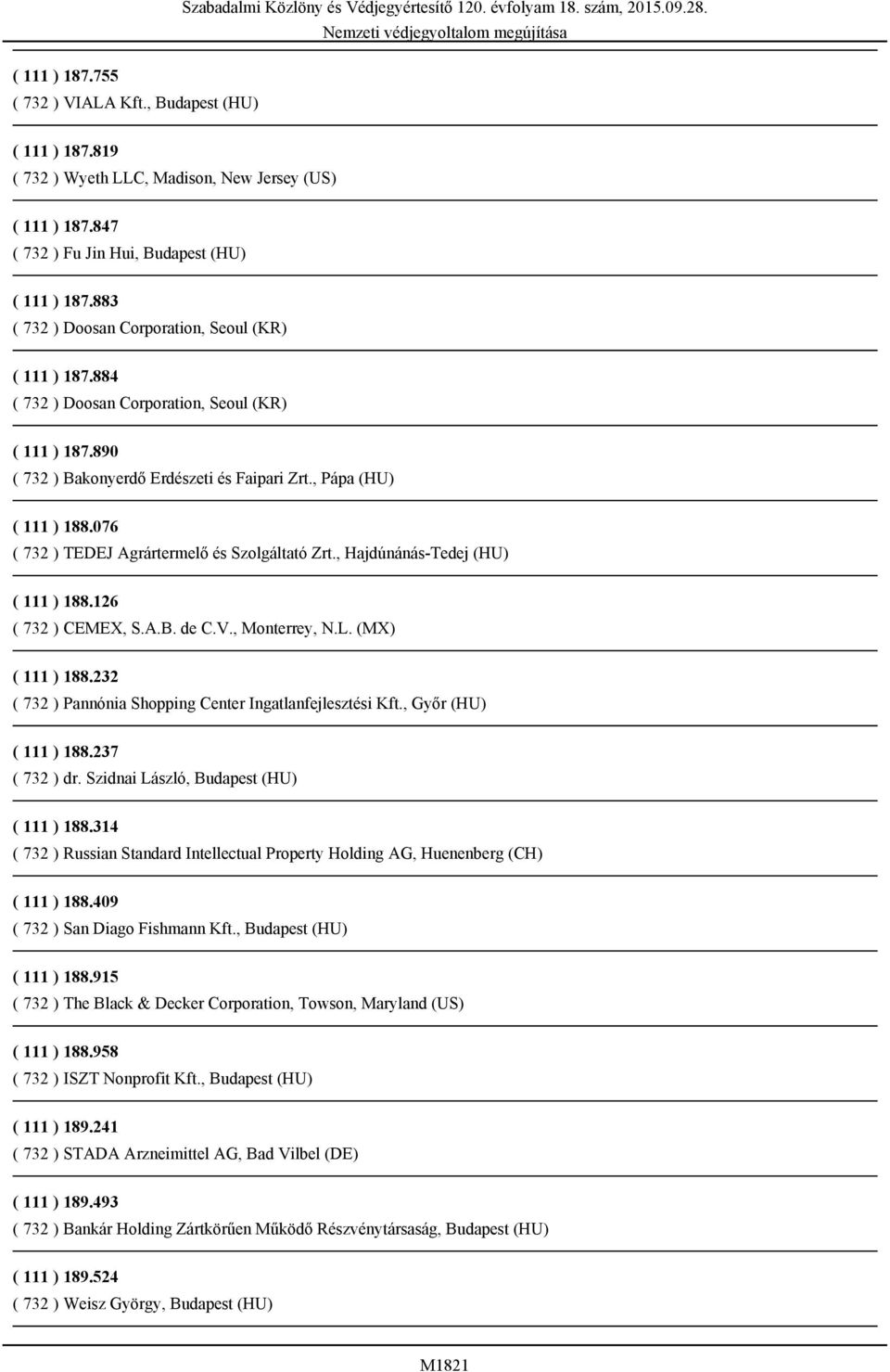076 ( 732 ) TEDEJ Agrártermelő és Szolgáltató Zrt., Hajdúnánás-Tedej (HU) ( 111 ) 188.126 ( 732 ) CEMEX, S.A.B. de C.V., Monterrey, N.L. (MX) ( 111 ) 188.