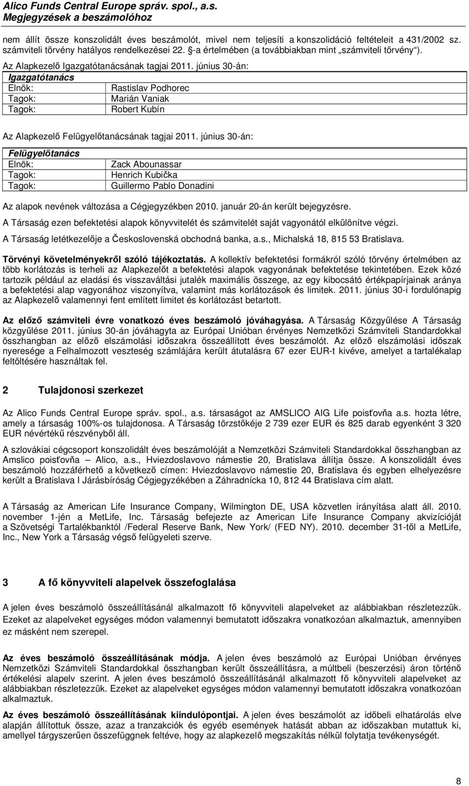 június 30-án: Igazgatótanács Elnök: Rastislav Podhorec Tagok: Marián Vaniak Tagok: Robert Kubín Az Alapkezelő Felügyelőtanácsának tagjai 2011.