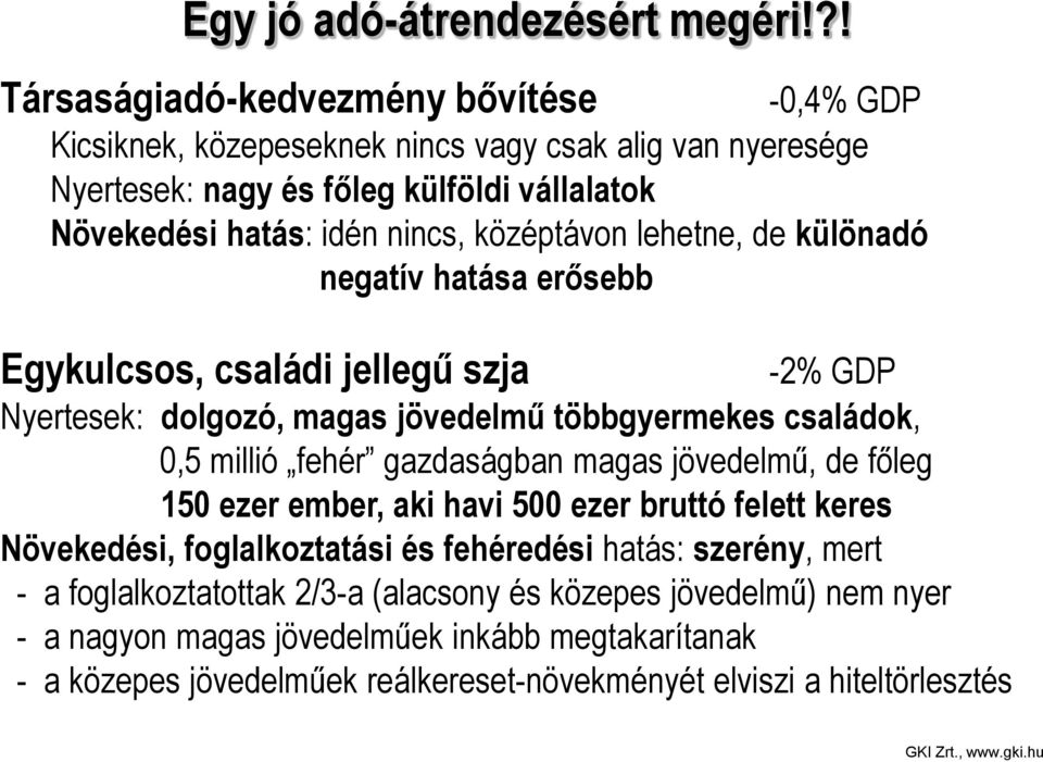 középtávon lehetne, de különadó negatív hatása erősebb Egykulcsos, családi jellegű szja -2% GDP Nyertesek: dolgozó, magas jövedelmű többgyermekes családok, 0,5 millió fehér