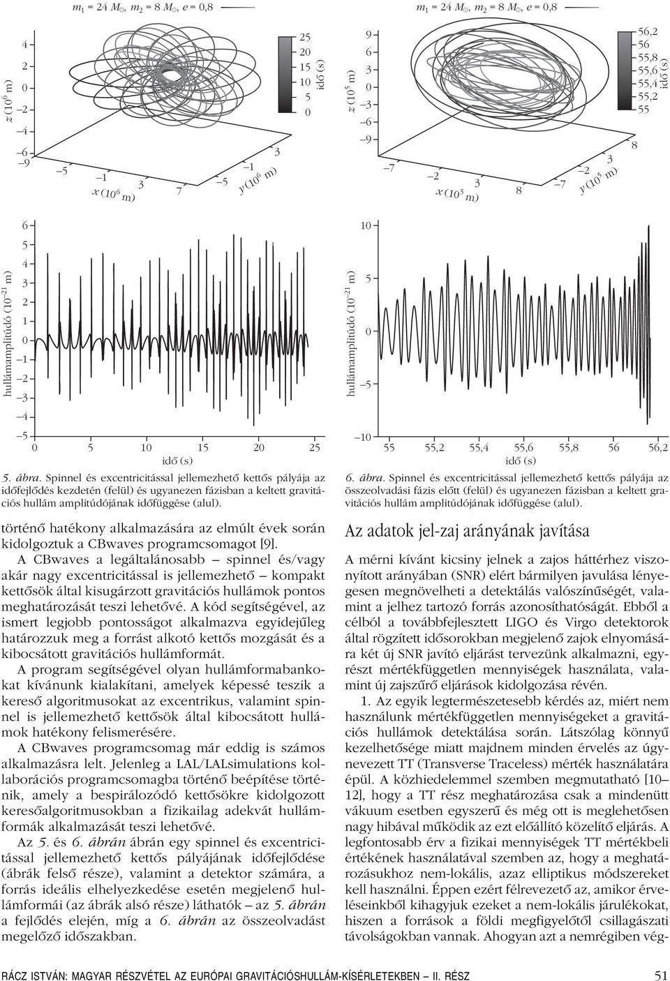 Spinnel és excentricitással jellemezhetô kettôs pályája az idôfejlôdés kezdetén (felül) és ugyanezen fázisban a keltett gravitációs hullám amplitúdójának idôfüggése (alul).