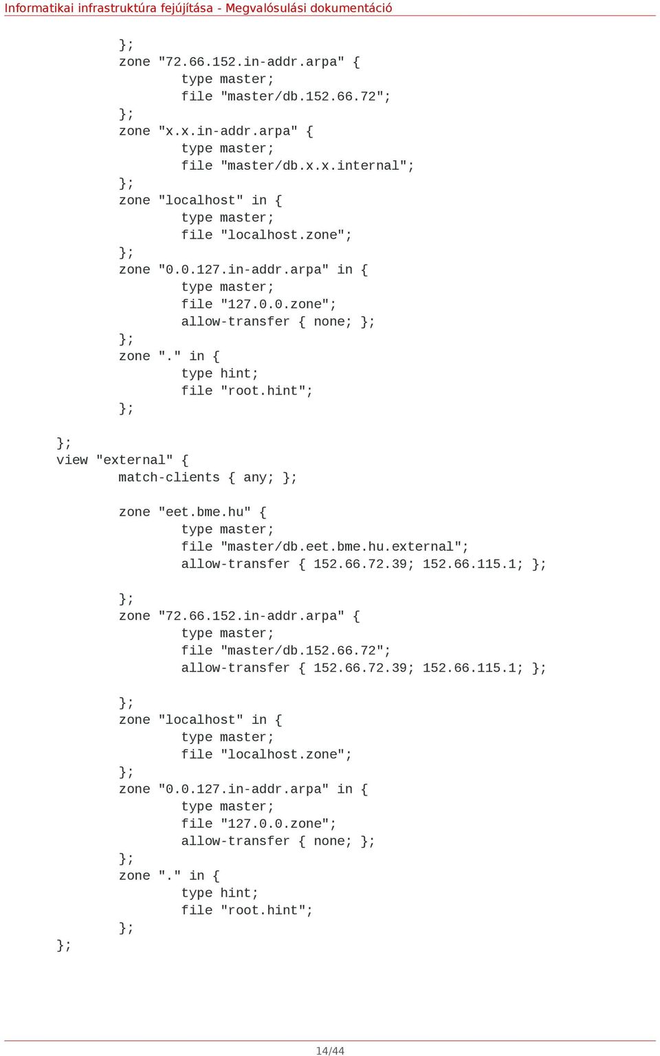 hint"; ; ; view "external" { match-clients { any; ; zone "eet.bme.hu" { type master; file "master/db.eet.bme.hu.external"; allow-transfer { 152.66.72.39; 152.66.115.1; ; ; zone "72.66.152.in-addr.