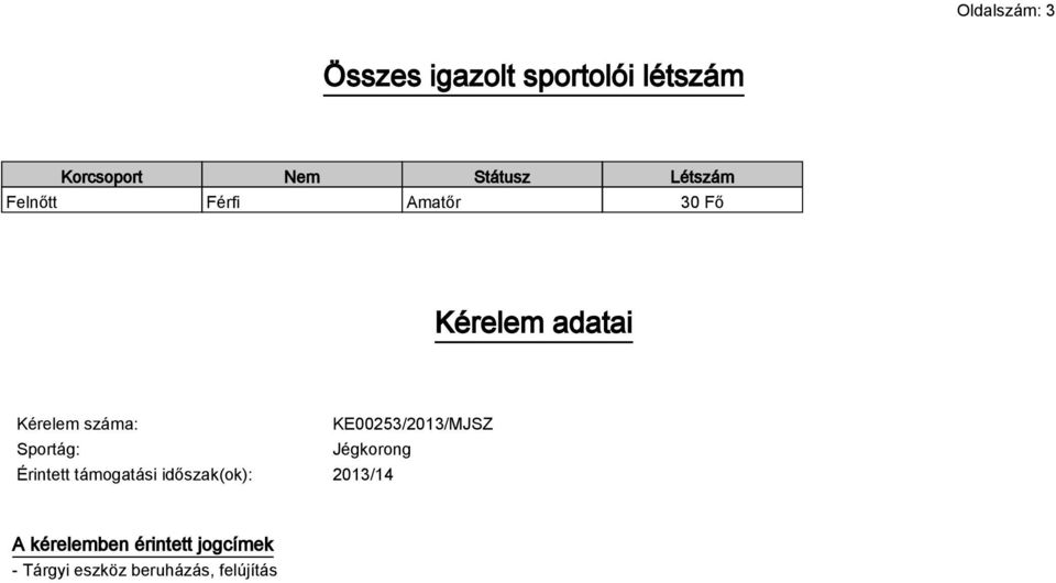 KE00253/2013/MJSZ Sportág: Jégkorong Érintett támogatási időszak(ok):