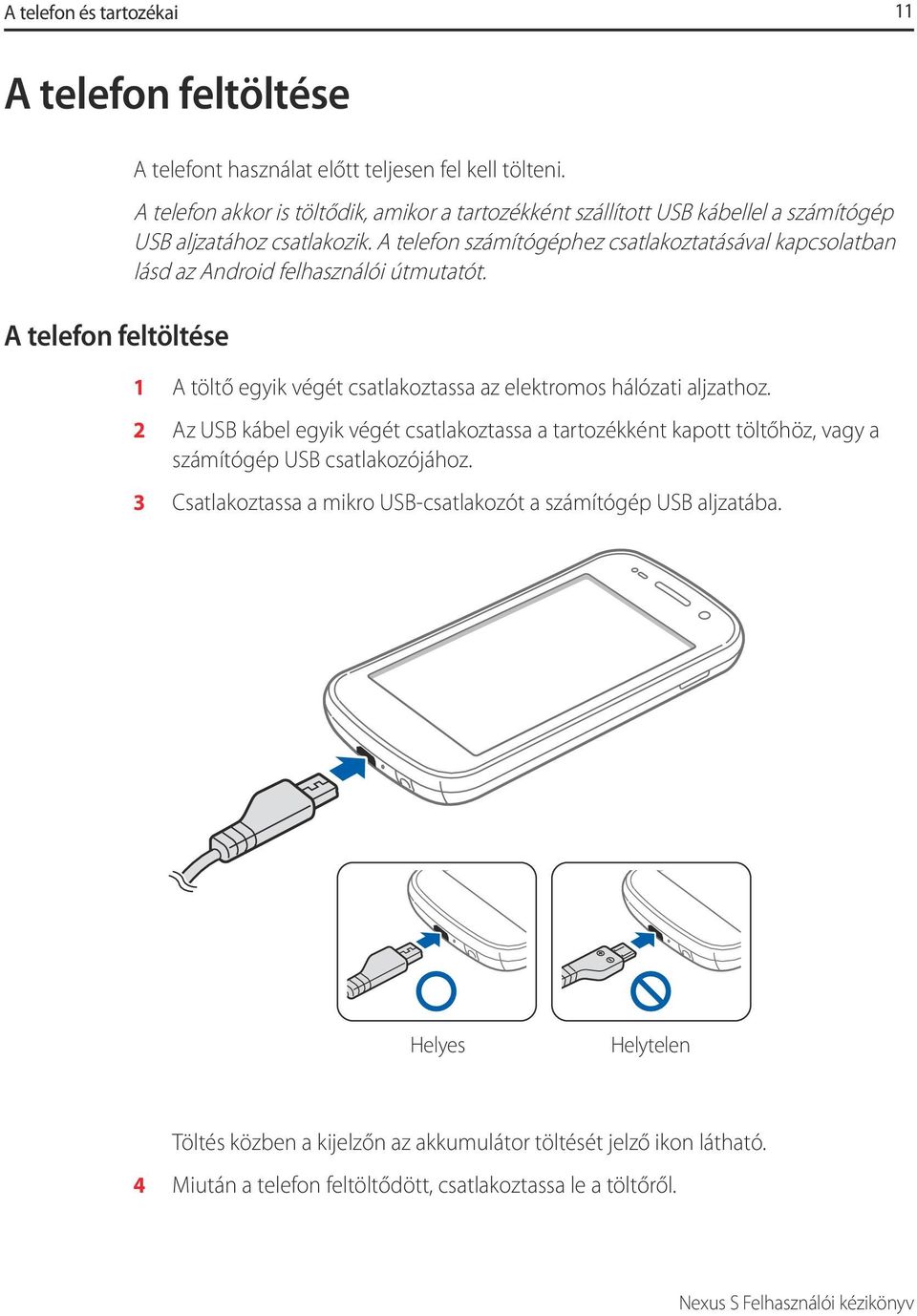 A telefon számítógéphez csatlakoztatásával kapcsolatban lásd az Android felhasználói útmutatót. 1 2 3 A töltő egyik végét csatlakoztassa az elektromos hálózati aljzathoz.