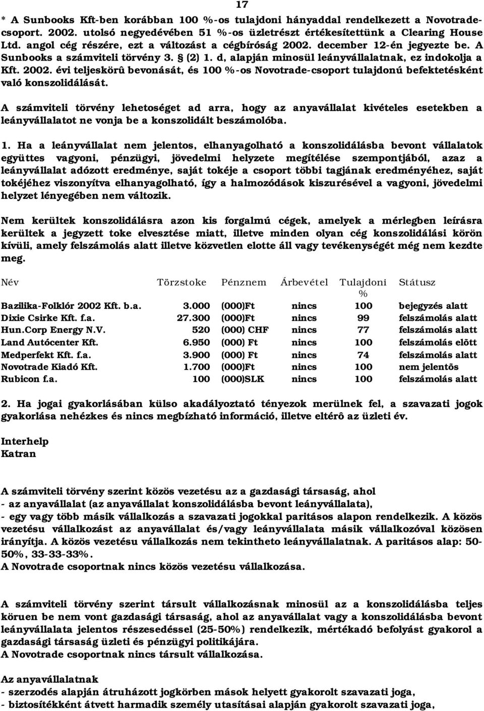 A számviteli törvény lehetoséget ad arra, hogy az anyavállalat kivételes esetekben a leányvállalatot ne vonja be a konszolidált beszámolóba. 1.