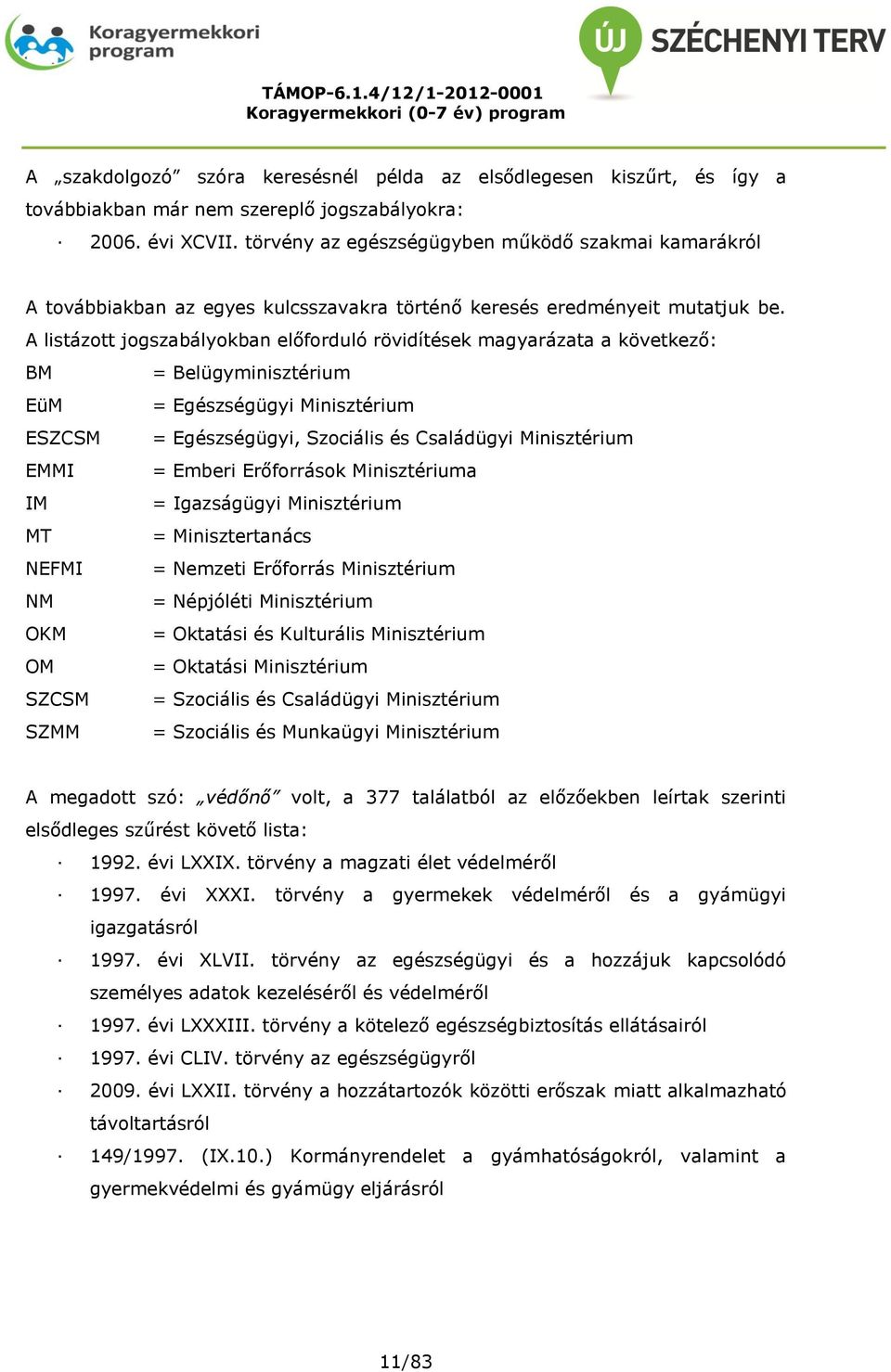 A listázott jogszabályokban előforduló rövidítések magyarázata a következő: BM = Belügyminisztérium EüM = Egészségügyi Minisztérium ESZCSM = Egészségügyi, Szociális és Családügyi Minisztérium EMMI =