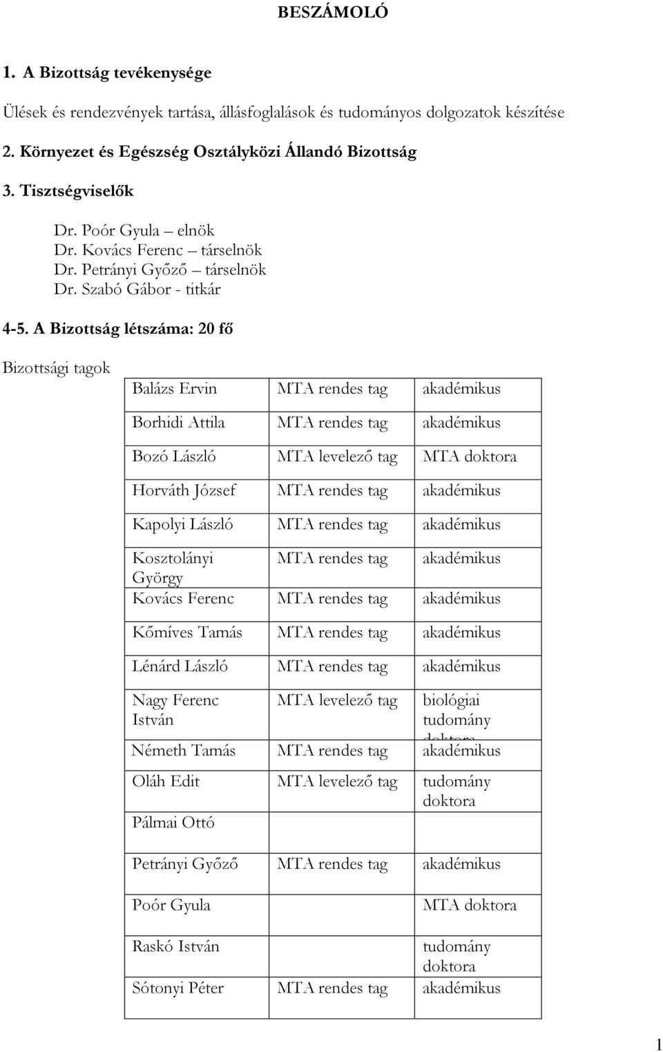 A Bizottság létszáma: 20 fő Bizottsági tagok Balázs Ervin MTA rendes tag akadémikus Borhidi Attila MTA rendes tag akadémikus Bozó László MTA levelező tag MTA Horváth József MTA rendes tag akadémikus