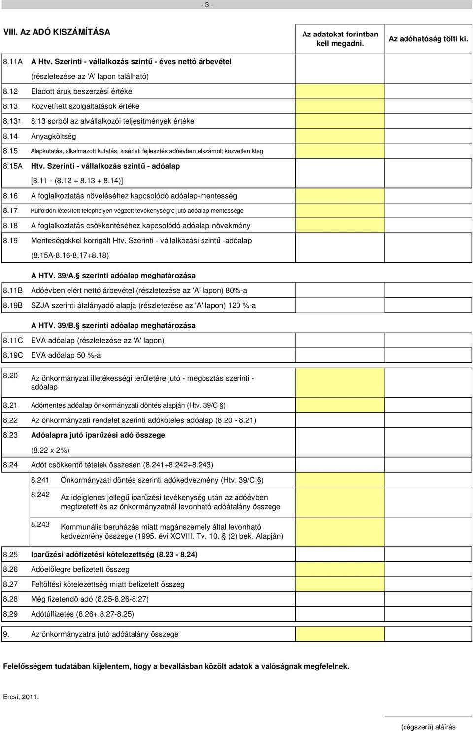 15 Alapkutatás, alkalmazott kutatás, kisérleti fejlesztés adóévben elszámolt közvetlen ktsg 8.15A Htv. Szerinti - vállalkozás szintő - adóalap [8.11 - (8.12 + 8.13 + 8.14)] 8.