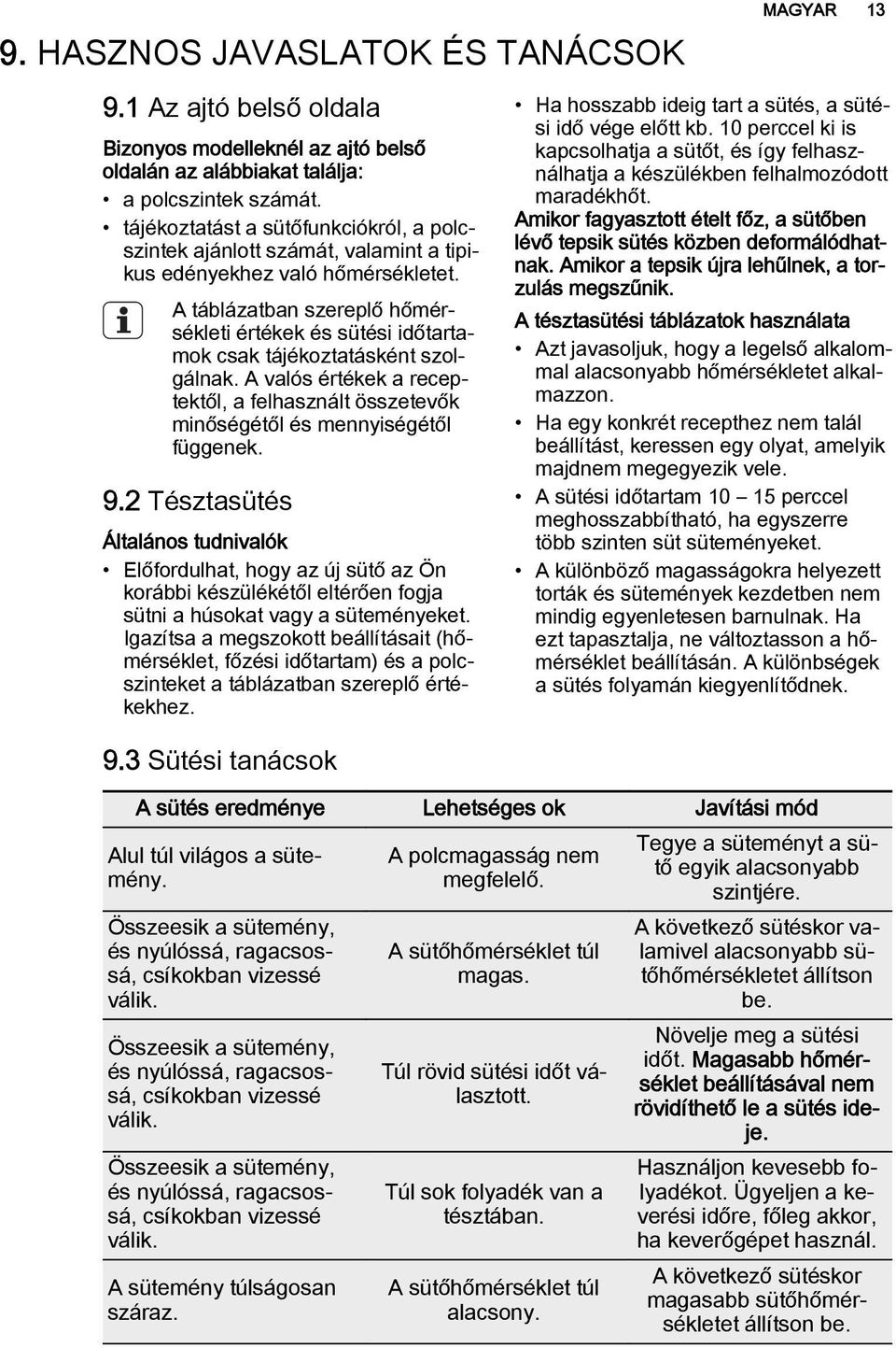 A táblázatban szereplő hőmérsékleti értékek és i időtartamok csak tájékoztatásként szolgálnak. A valós értékek a receptektől, a felhasznált összetevők minőségétől és mennyiségétől függenek. 9.