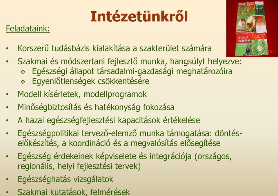 hazai egészségfejlesztési kapacitások értékelése Egészségpolitikai tervezı-elemzı elemzı munka támogatása: döntéselıkészítés, a koordináció és a