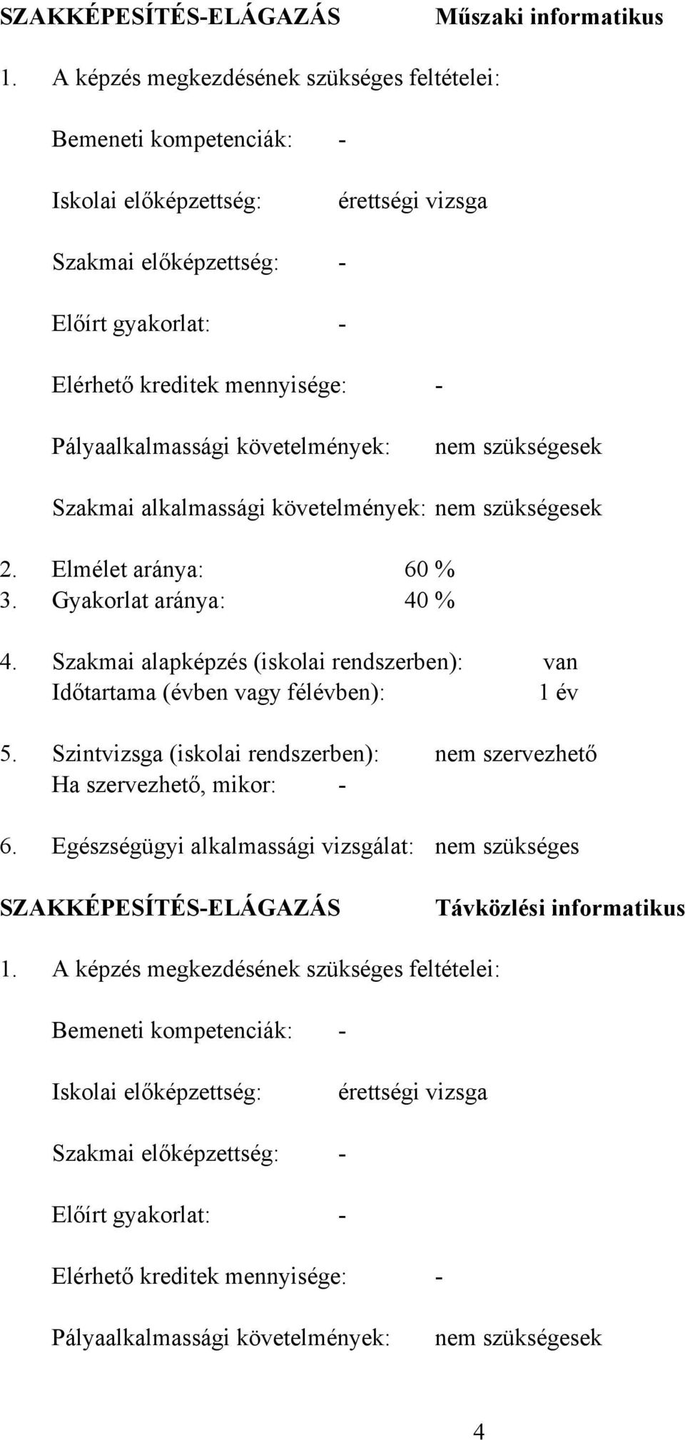 követelmények: nem szükségesek Szakmai alkalmassági követelmények: nem szükségesek 2. Elmélet aránya: 60 3. Gyakorlat aránya: 40 4.