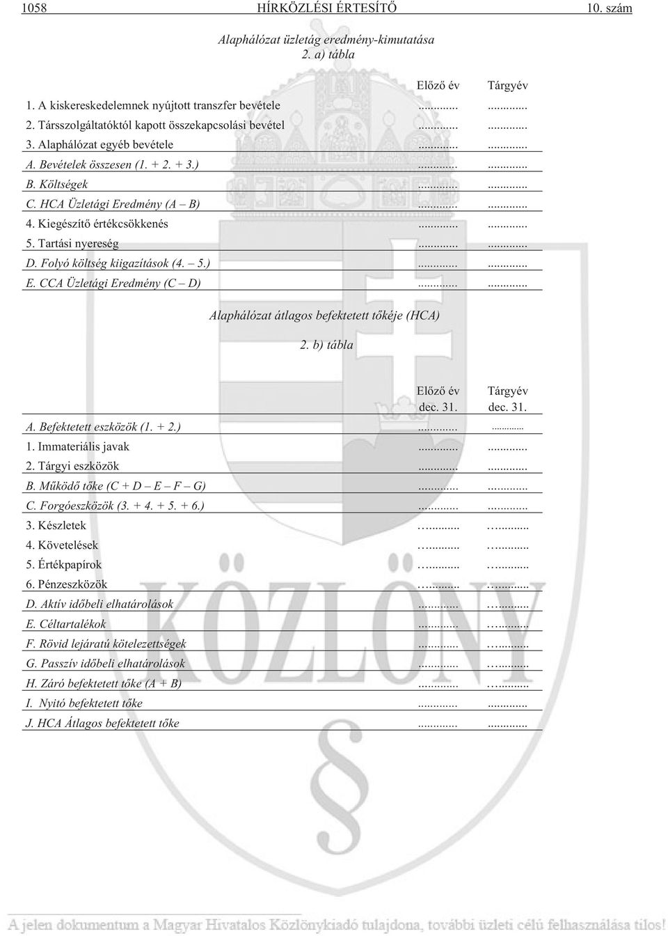 Folyó költség kiigazítások (4. 5.)...... E. CCA Üzletági Eredmény (C D)...... Alaphálózat átlagos befektetett tõkéje (HCA) 2. b) tábla Elõzõ év dec. 31. Tárgyév dec. 31. A. Befektetett eszközök (1.