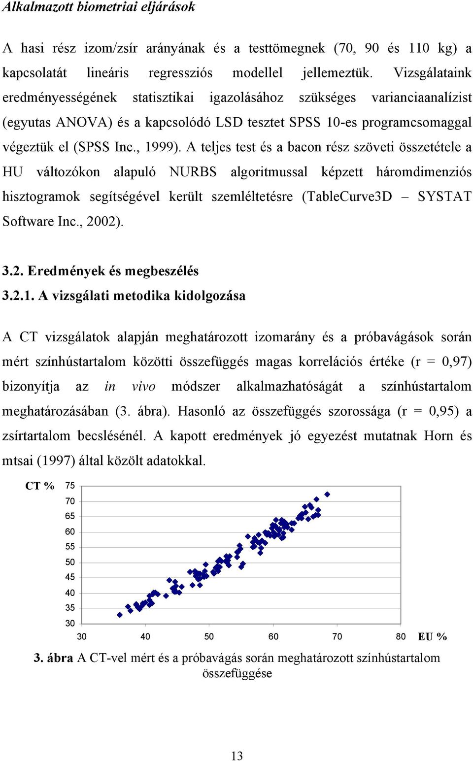 A teljes test és a bacon rész szöveti összetétele a HU változókon alapuló NURBS algoritmussal képzett háromdimenziós hisztogramok segítségével került szemléltetésre (TableCurve3D SYSTAT Software Inc.