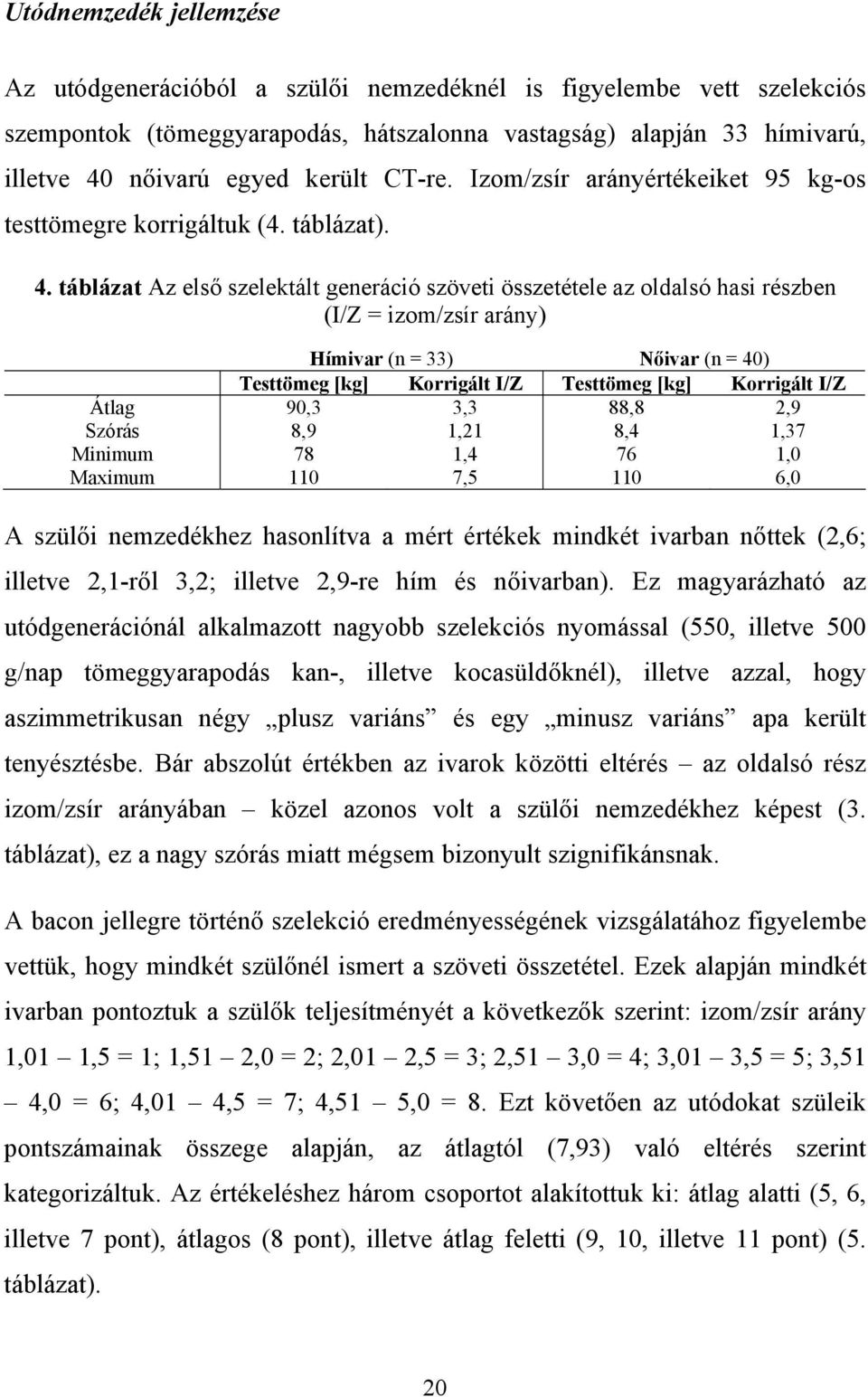 táblázat Az első szelektált generáció szöveti összetétele az oldalsó hasi részben (I/Z = izom/zsír arány) Hímivar (n = 33) Nőivar (n = 40) Testtömeg [kg] Korrigált I/Z Testtömeg [kg] Korrigált I/Z