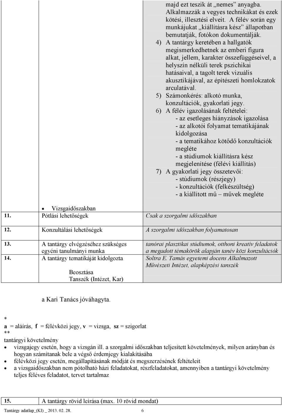 akusztikájával, az építészeti homlokzatok arculatával. 5) Számonkérés: alkotó munka, k, gyakorlati jegy.