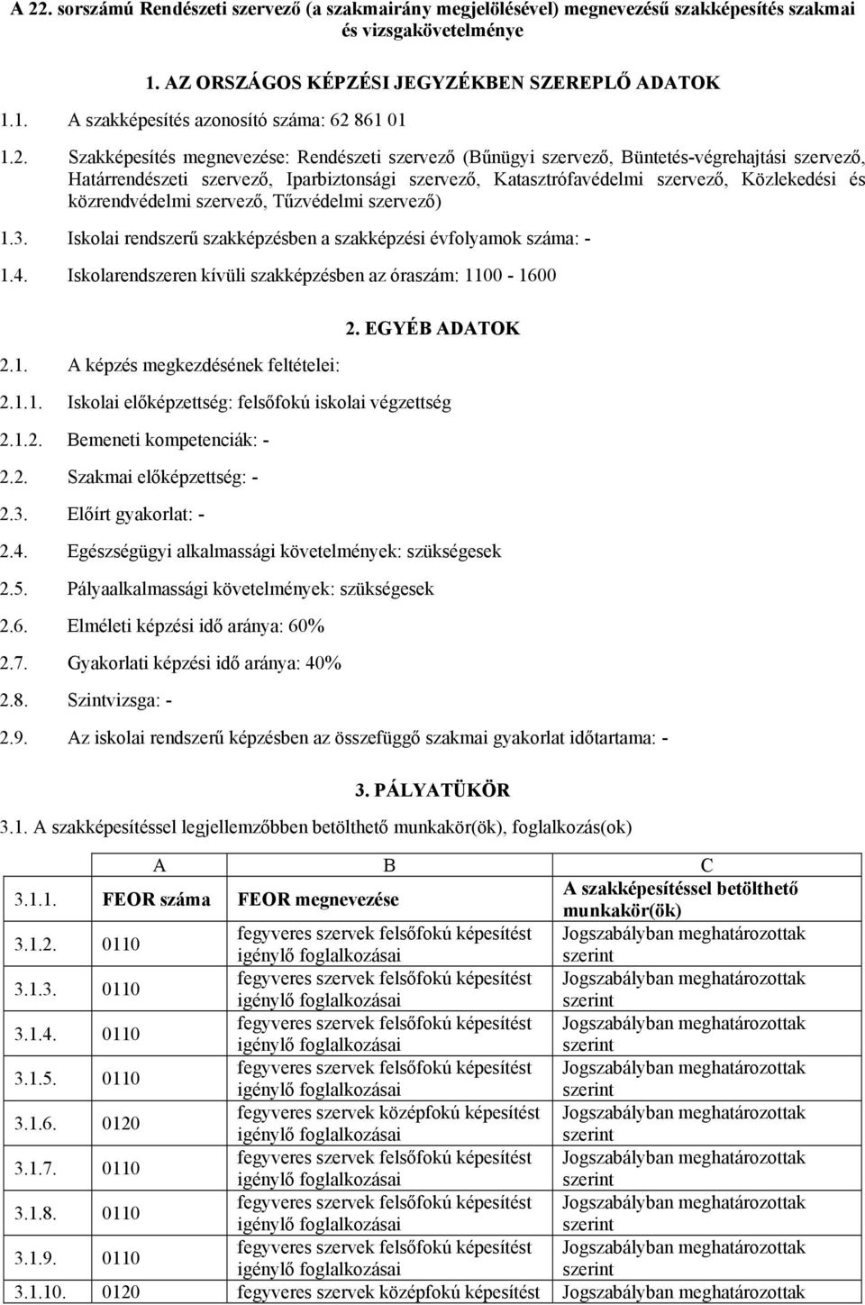 szervező, Tűzvédelmi szervező) 1.3. Iskolai rendszerű szakképzésben a szakképzési évfolyamok : - 1.4. Iskolarendszeren kívüli szakképzésben az óraszám: 1100-1600 2. EGYÉB DTOK 2.1. képzés megkezdésének feltételei: 2.