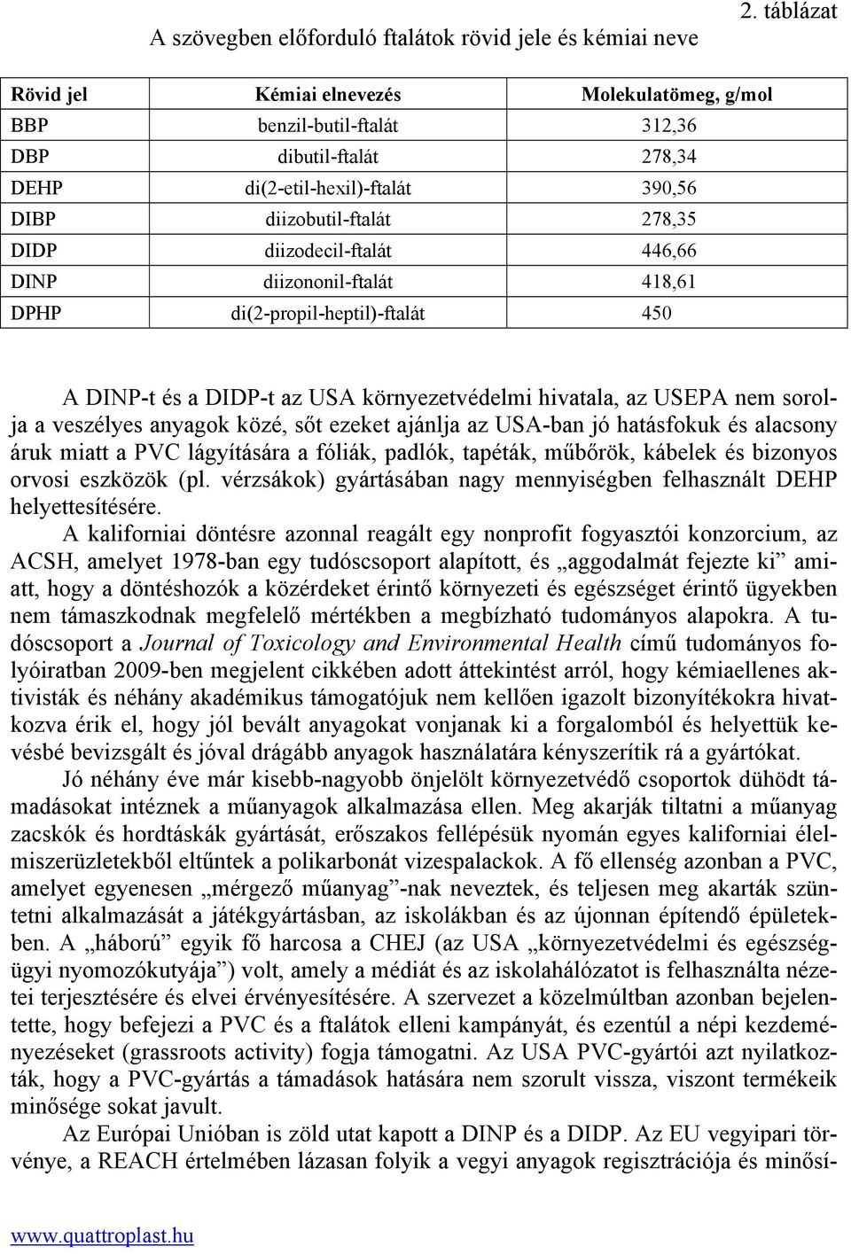 diizodecil-ftalát 446,66 DINP diizononil-ftalát 418,61 DPHP di(2-propil-heptil)-ftalát 450 A DINP-t és a DIDP-t az USA környezetvédelmi hivatala, az USEPA nem sorolja a veszélyes anyagok közé, sőt