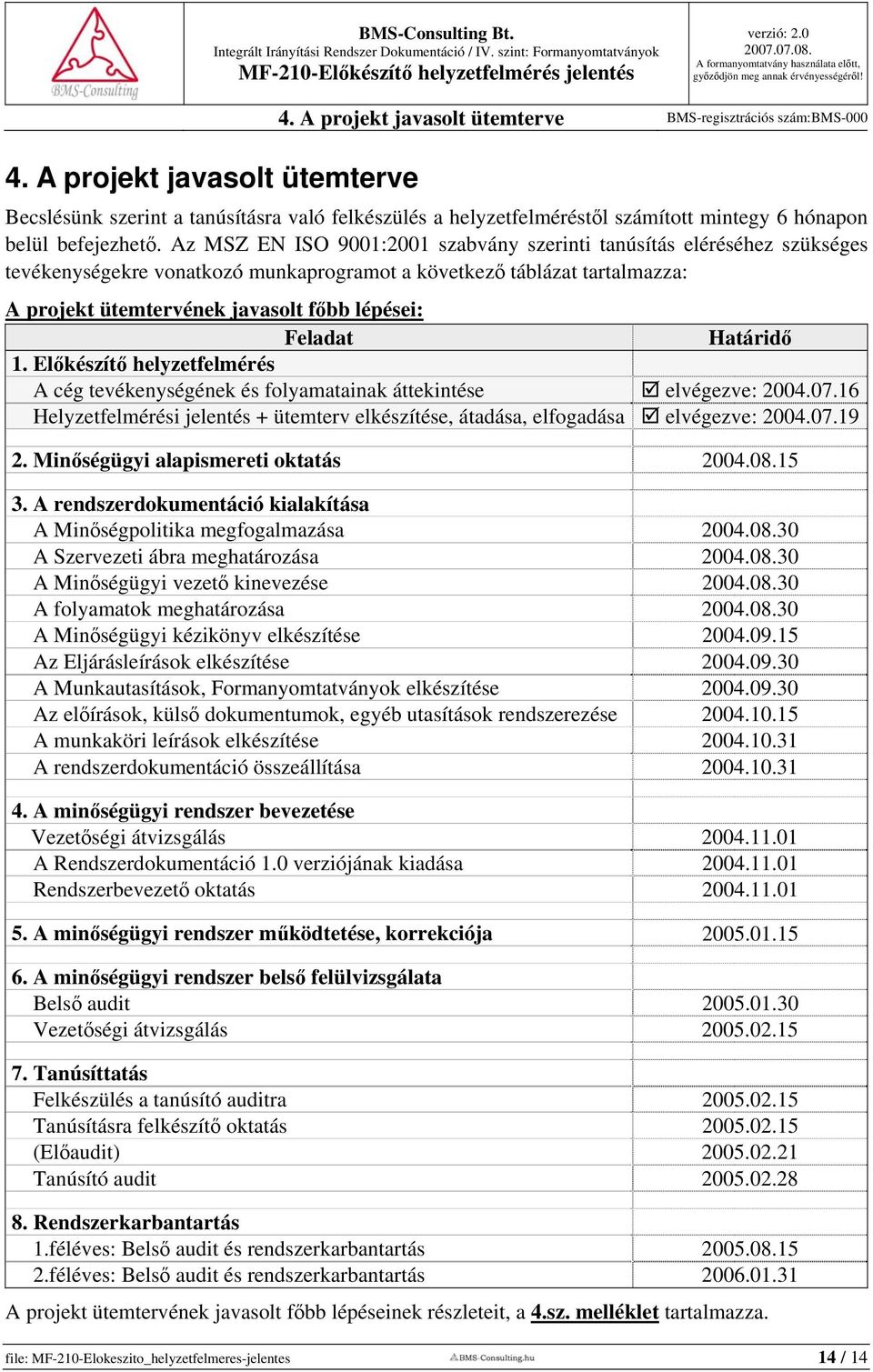 Az MSZ EN ISO 9001:2001 szabvány szerinti tanúsítás eléréséhez szükséges tevékenységekre vonatkozó munkaprogramot a következő táblázat tartalmazza: A projekt ütemtervének javasolt főbb lépései: