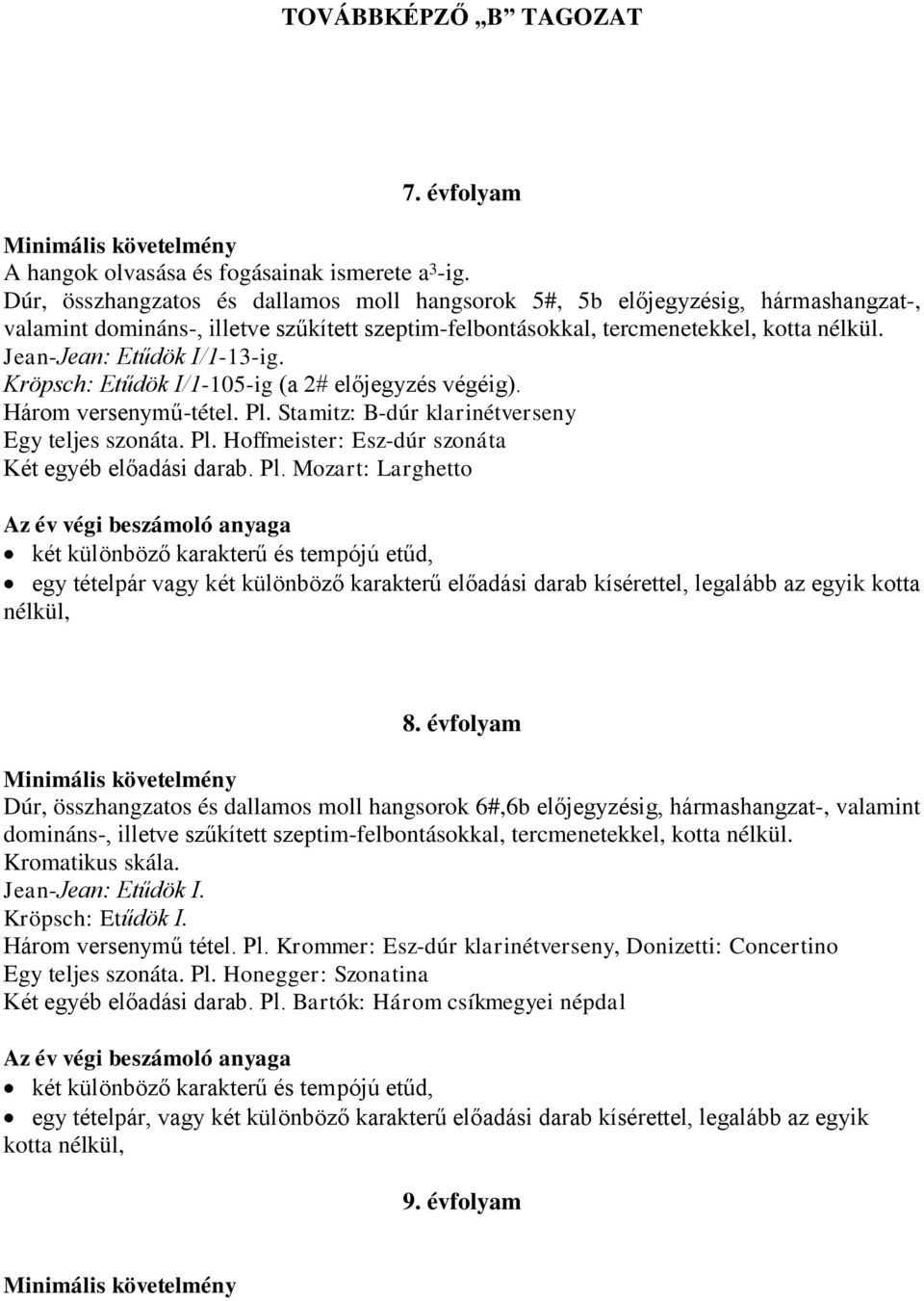 Jean-Jean: Etűdök I/1-13-ig. Kröpsch: Etűdök I/1-105-ig (a 2# előjegyzés végéig). Három versenymű-tétel. Pl. Stamitz: B-dúr klarinétverseny Egy teljes szonáta. Pl. Hoffmeister: Esz-dúr szonáta Két egyéb előadási darab.