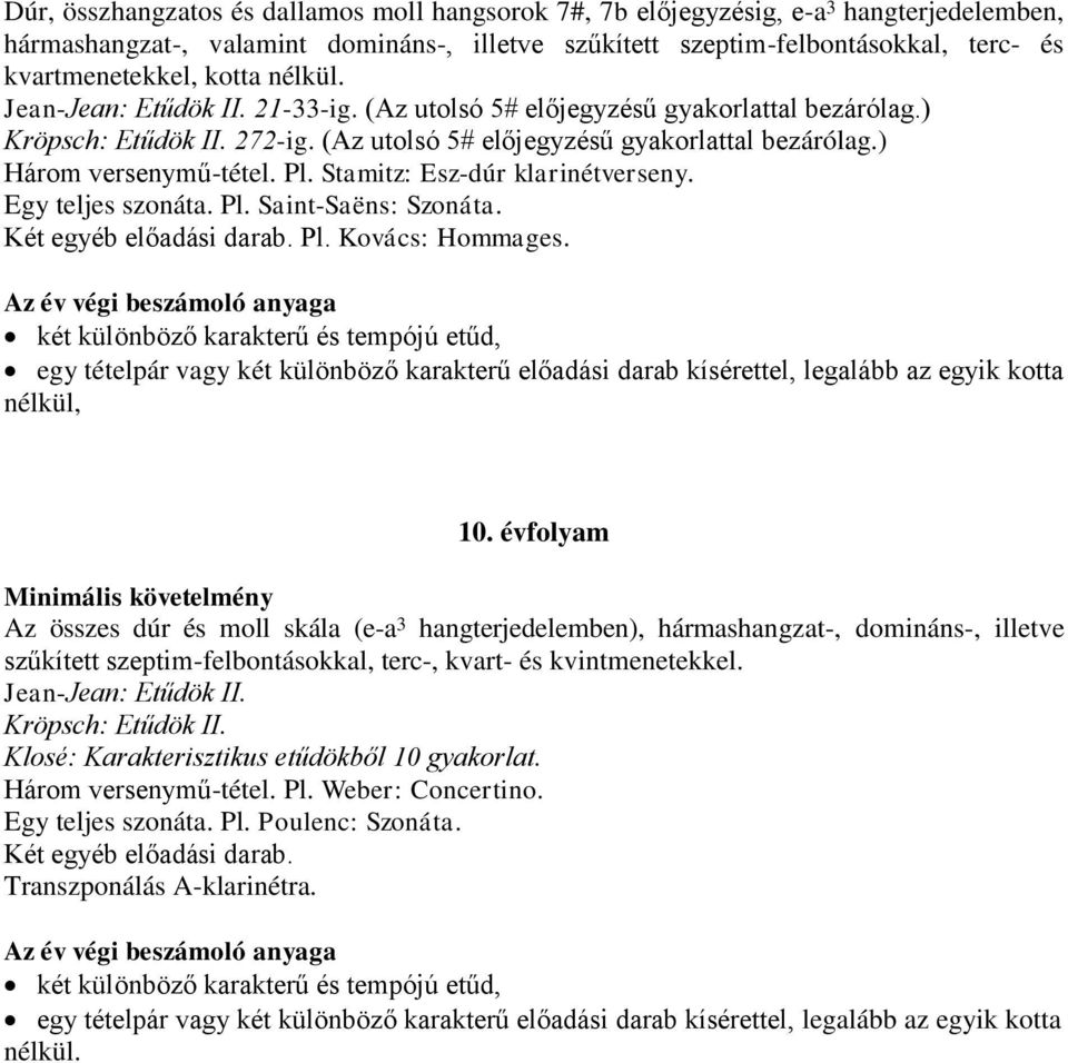 Pl. Stamitz: Esz-dúr klarinétverseny. Egy teljes szonáta. Pl. Saint-Saëns: Szonáta. Két egyéb előadási darab. Pl. Kovács: Hommages.