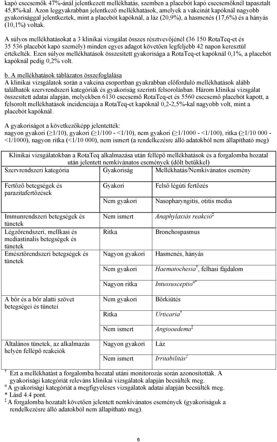 A súlyos mellékhatásokat a 3 klinikai vizsgálat összes résztvevőjénél (36 150 RotaTeq-et és 35 536 placebót kapó személy) minden egyes adagot követően legfeljebb 42 napon keresztül értékelték.