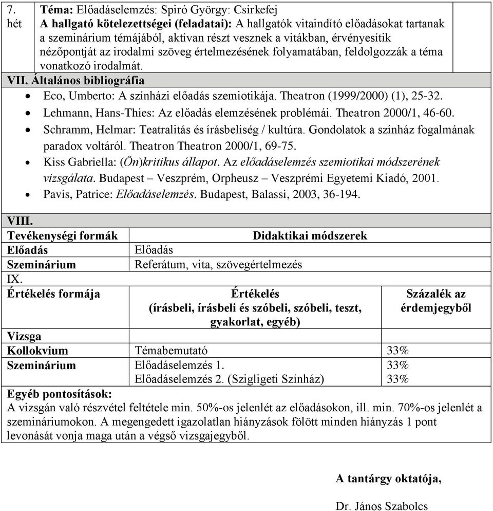 Értékelés formája Didaktikai módszerek Előadás Referátum, vita, szövegértelmezés Értékelés (írásbeli, írásbeli és szóbeli, szóbeli, teszt, gyakorlat, egyéb) Százalék az érdemjegyből Vizsga Kollokvium