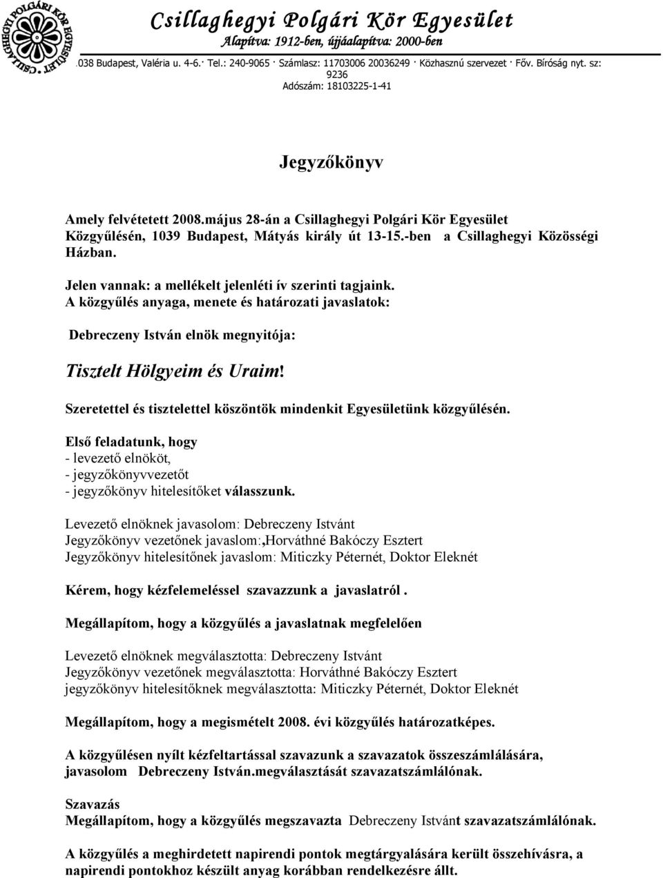 -ben a Csillaghegyi Közösségi Házban. Jelen vannak: a mellékelt jelenléti ív szerinti tagjaink.