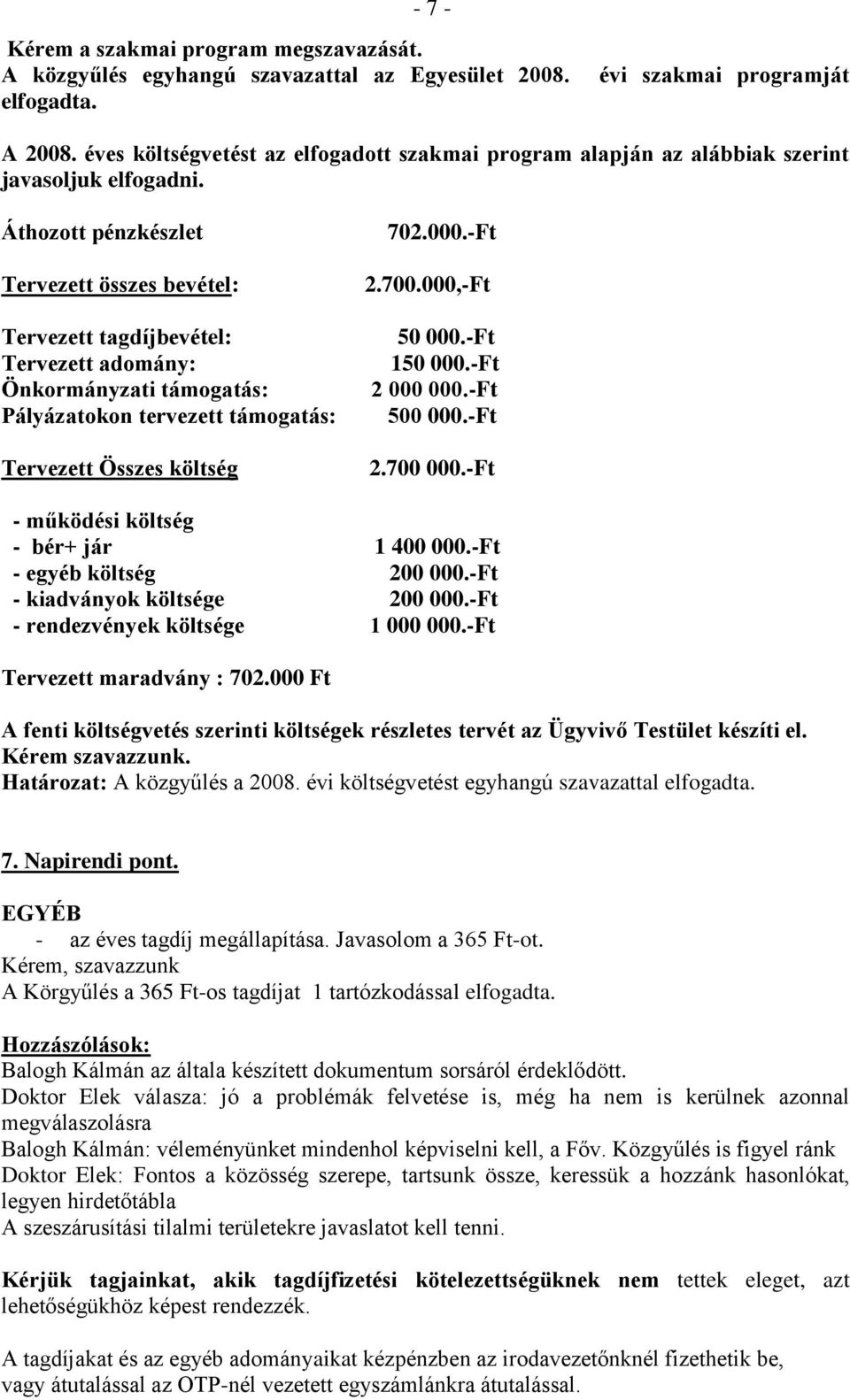 Áthozott pénzkészlet Tervezett összes bevétel: Tervezett tagdíjbevétel: Tervezett adomány: Önkormányzati támogatás: Pályázatokon tervezett támogatás: Tervezett Összes költség 702.000.-Ft 2.700.
