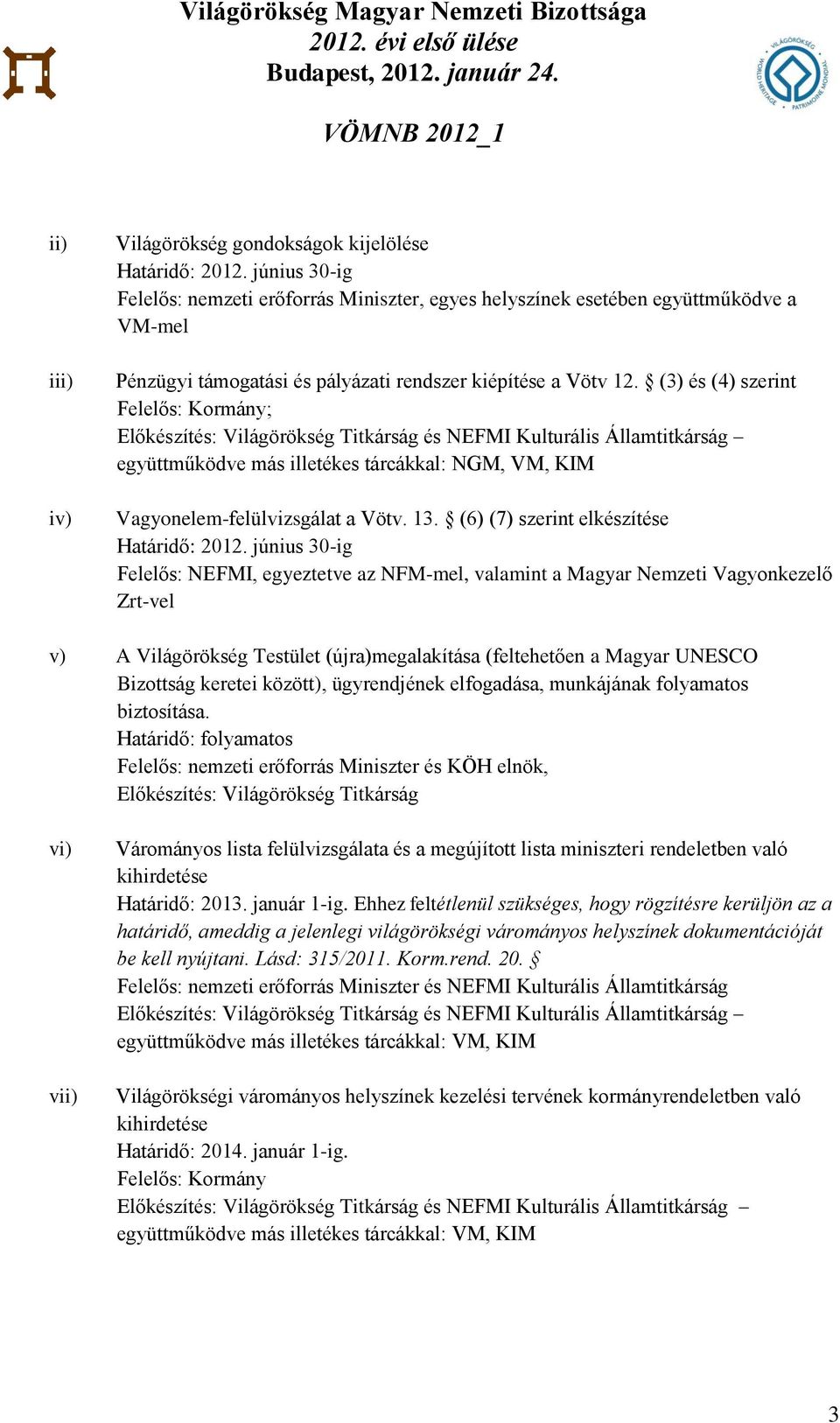 (3) és (4) szerint Felelős: Kormány; együttműködve más illetékes tárcákkal: NGM, VM, KIM Vagyonelem-felülvizsgálat a Vötv. 13. (6) (7) szerint elkészítése Határidő: 2012.