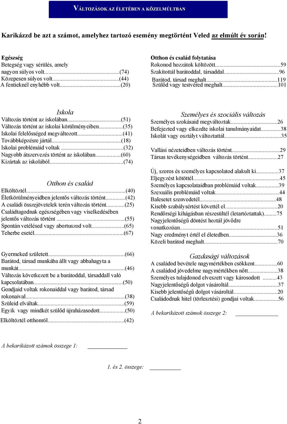 ..119 Szülőd vagy testvéred meghalt...101 Iskola Változás történt az iskolában...(51) Változás történt az iskolai körülményeiben...(35) Iskolai felelősséged megváltozott...(41) Továbbképzésre jártál.
