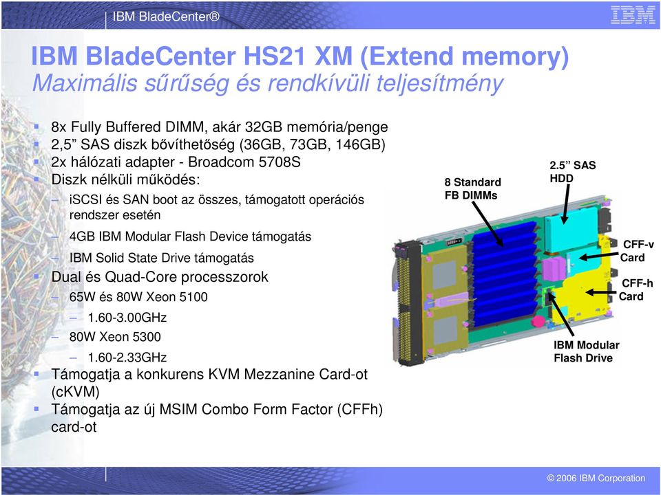 Flash Device támogatás IBM Solid State Drive támogatás Dual és Quad-Core processzorok 65W és 80W Xeon 5100 1.60-3.00GHz 80W Xeon 5300 1.60-2.