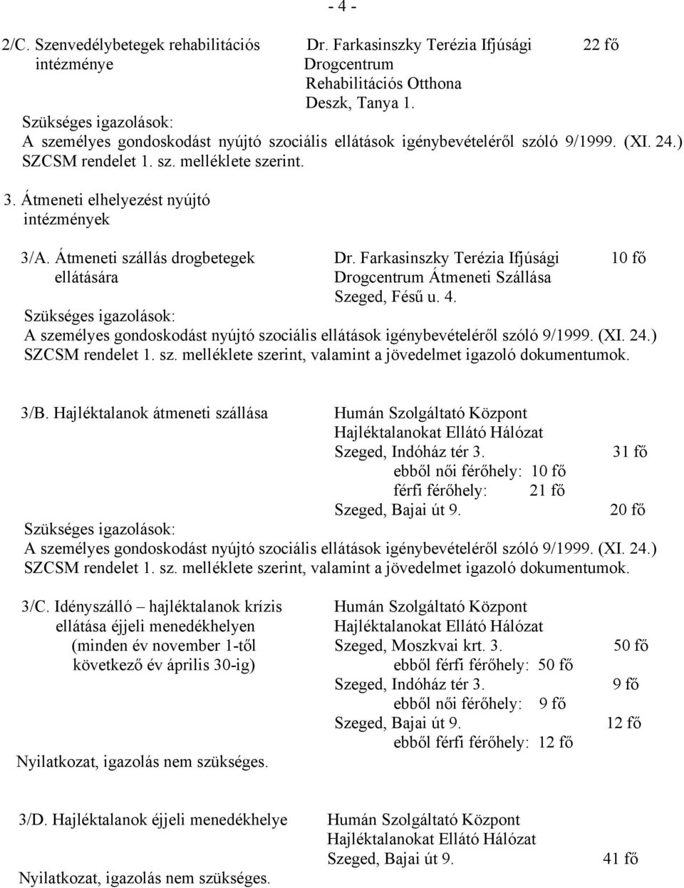 Hajléktalanok átmeneti szállása Szeged, Indóház tér 3. 31 fő ebből női férőhely: 10 fő férfi férőhely: 21 fő 20 fő 3/C.