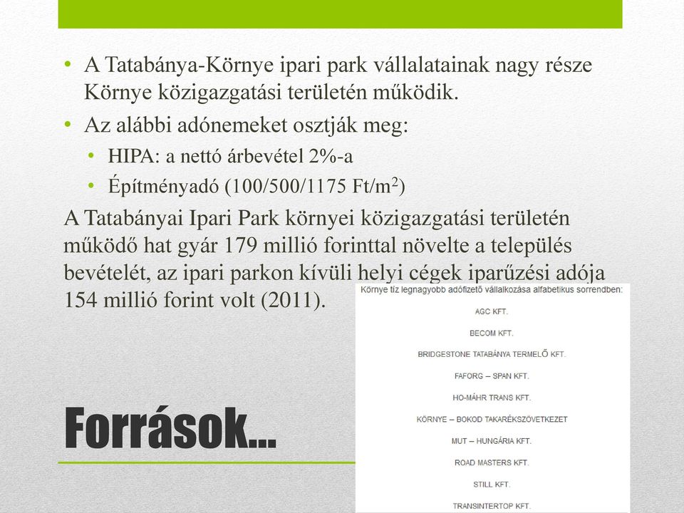 Tatabányai Ipari Park környei közigazgatási területén működő hat gyár 179 millió forinttal növelte a