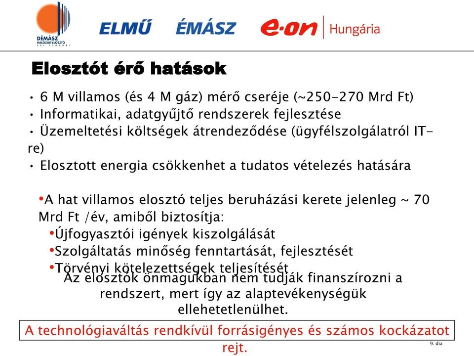 Mrd Ft /év, amiből biztosítja: Újfogyasztói igények kiszolgálását Szolgáltatás minőség fenntartását, fejlesztését Törvényi kötelezettségek teljesítését Az