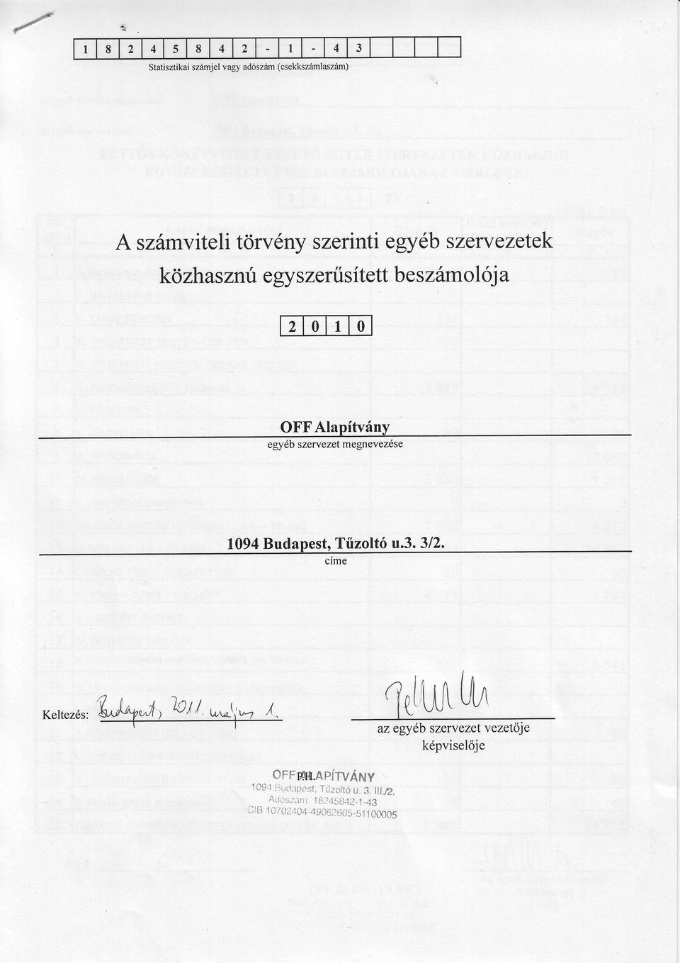 6 egyszenisitett beszitmol oj a 2 1 OFF Alapftvd egydb szervezet megnevezdse 19 Budapes t, TrdLzolt6 u., 12.