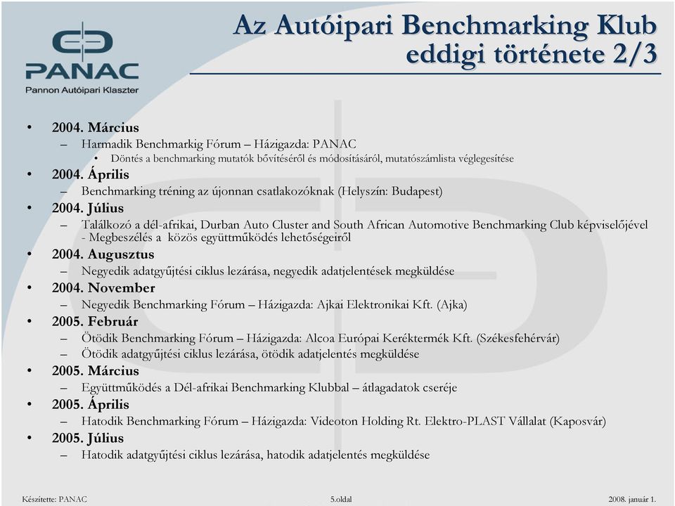 Április Benchmarking tréning az újonnan csatlakozóknak (Helyszín: Budapest) 2004.