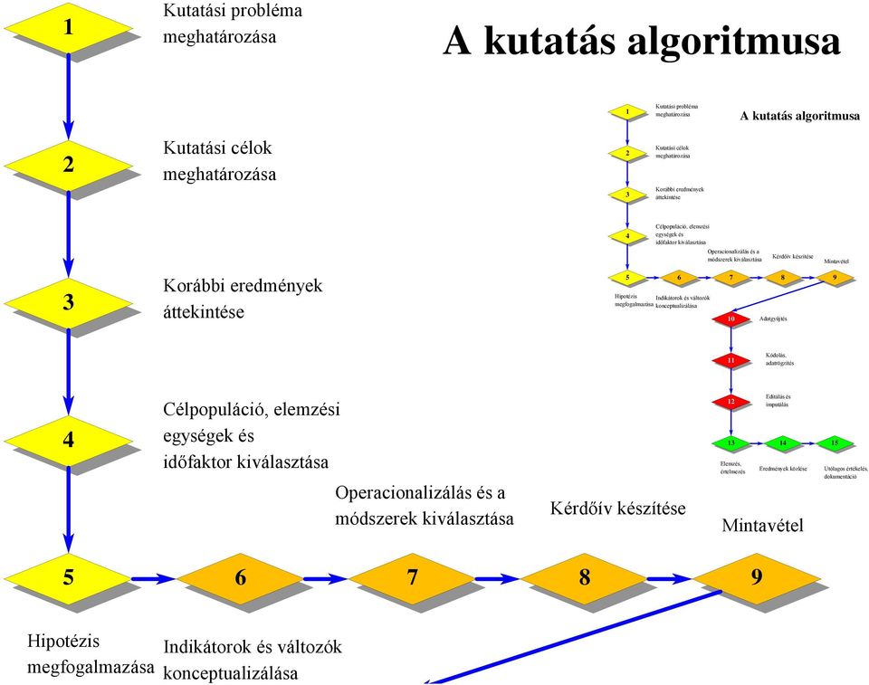 Indikátorok és változók megfogalmazása konceptualizálása 10 8 Adatgyűjtés 9 11 Kódolás, adatrögzítés 4 Célpopuláció, elemzési egységek és időfaktor kiválasztása Operacionalizálás és a módszerek