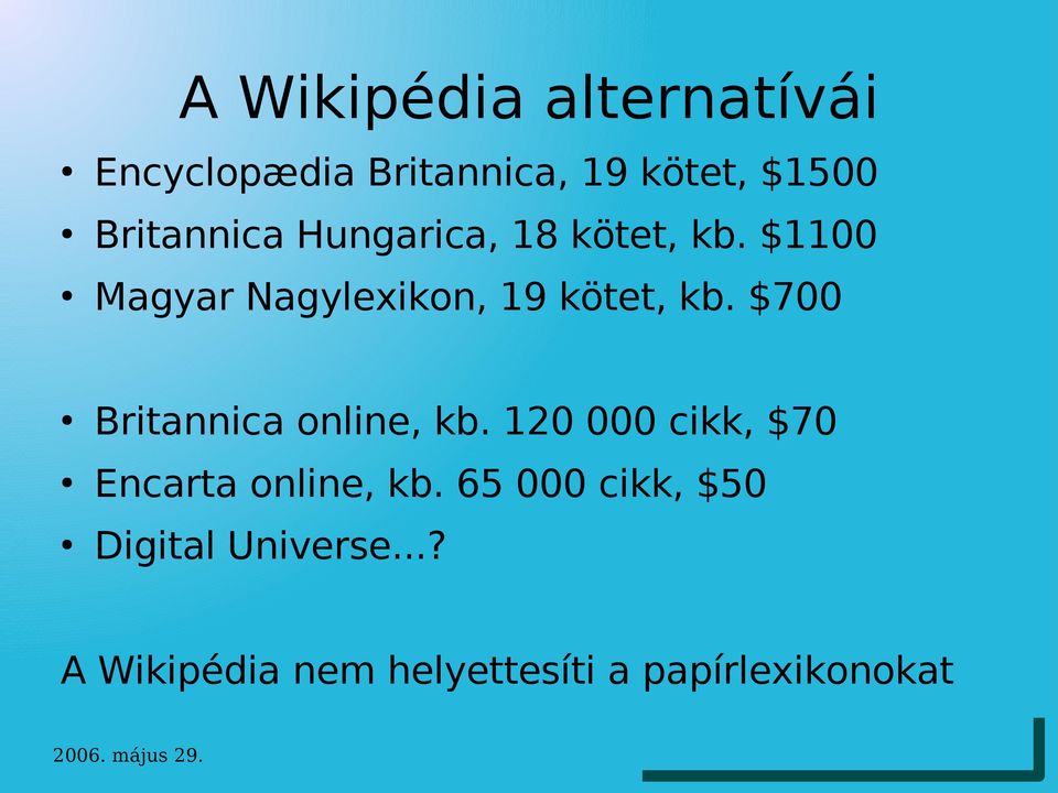 $1100 Magyar Nagylexikon, 19 kötet, kb. $700 Britannica online, kb.