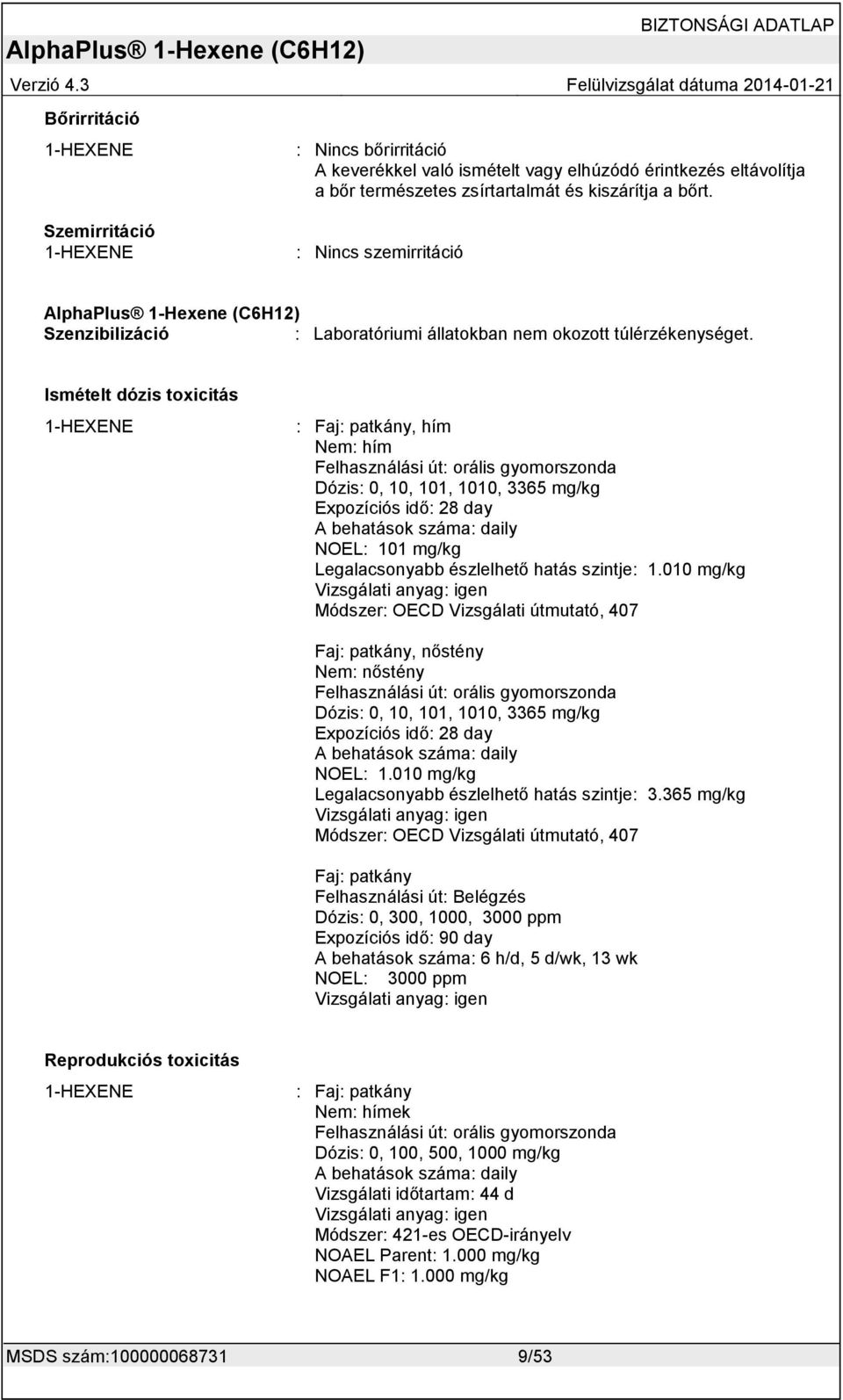 Ismételt dózis toxicitás 1-HEXENE : Faj: patkány, hím Nem: hím Felhasználási út: orális gyomorszonda Dózis: 0, 10, 101, 1010, 3365 mg/kg Expozíciós idő: 28 day A behatások száma: daily NOEL: 101