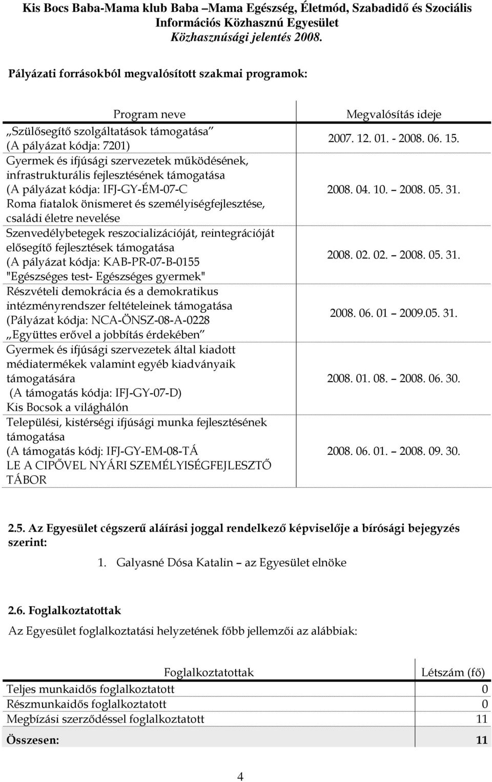 fejlesztések támogatása (A pályázat kódja: KAB-PR-07-B-0155 "Egészséges test- Egészséges gyermek" Részvételi demokrácia és a demokratikus intézményrendszer feltételeinek támogatása (Pályázat kódja: