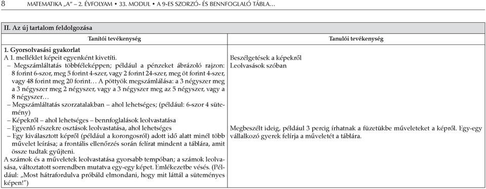 megszámlálása: a 3 négyszer meg a 3 négyszer meg 2 négyszer, vagy a 3 négyszer meg az 5 négyszer, vagy a 8 négyszer Megszámláltatás szorzatalakban ahol lehetséges; (például: 6-szor 4 sütemény)