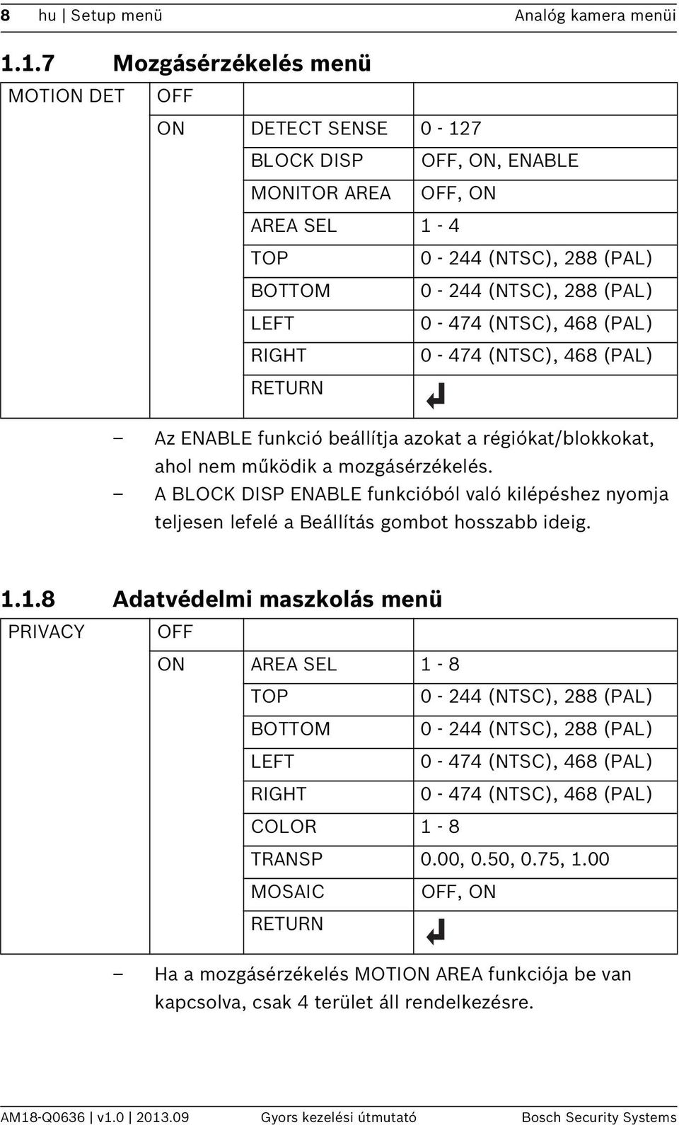 (NTSC), 468 (PAL) RIGHT 0-474 (NTSC), 468 (PAL) Az ENABLE funkció beállítja azokat a régiókat/blokkokat, ahol nem működik a mozgásérzékelés.