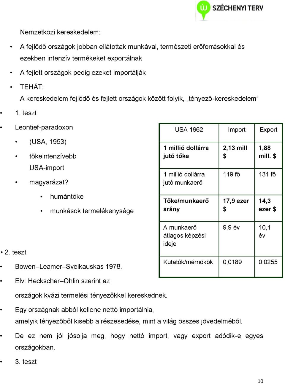 USA 1962 Import Export 1 millió dollárra jutó tőke 1 millió dollárra jutó munkaerő 2,13 mill $ 1,88 mill.