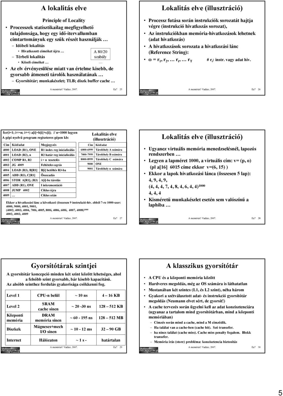 cache Lokalitás elve (illusztráció) Processz futása során instrukciók sorozatát hajtja végre (instrukció hivatkozás sorozat), Az instrukciókban memória-hivatkozások lehetnek (adat hivatkozás) A