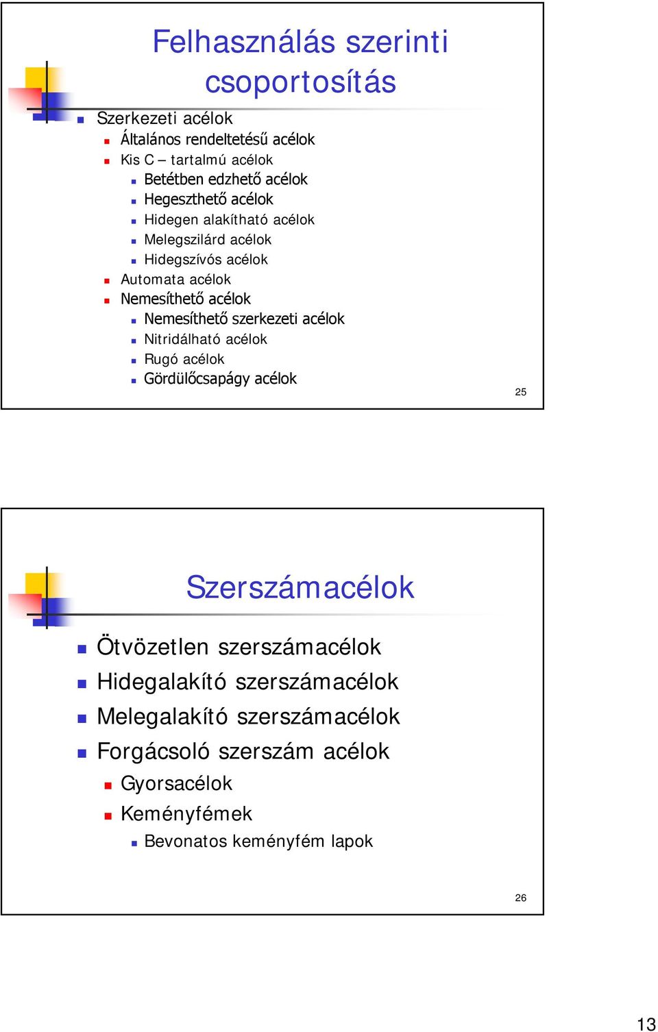 Nemesíthető szerkezeti acélok Nitridálható acélok Rugó acélok Gördülőcsapágy acélok 25 Szerszámacélok Ötvözetlen szerszámacélok