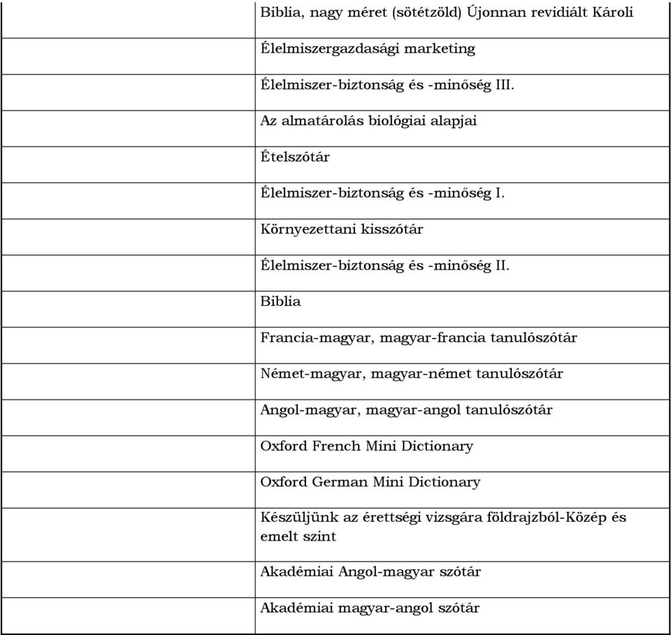 Biblia Francia-magyar, magyar-francia tanulószótár Német-magyar, magyar-német tanulószótár Angol-magyar, magyar-angol tanulószótár Oxford French